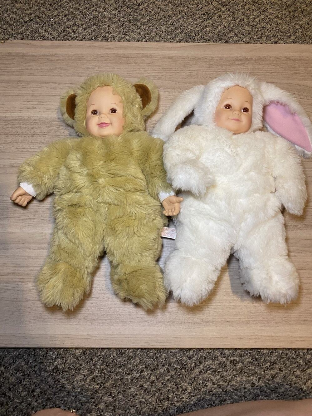 Anne Geddes Baby White Bunny Rabbit and Bear Plush Dolls Amazing Condition Soft